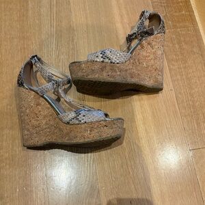 Jimmy Choo Beige and Brown snakeskin print Wedge cork Sandals